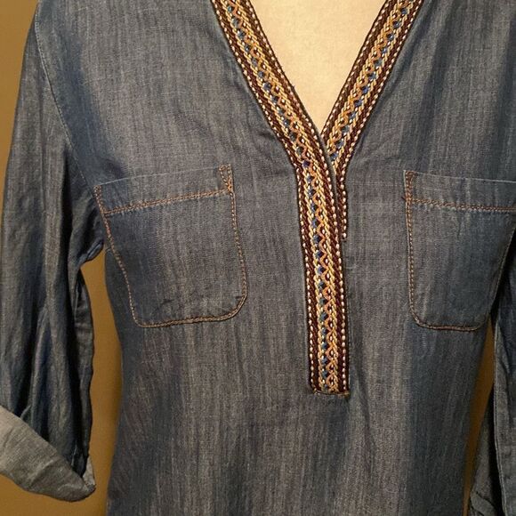 Spense Lightweight Denim Dress Size 6 Long Sleeve Embroidered On Collar - Picture 2 of 9